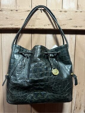 RARE VINTAGE BRAHMIN Dark Bottle Green Croc-Embossed Leather Bucket Bag